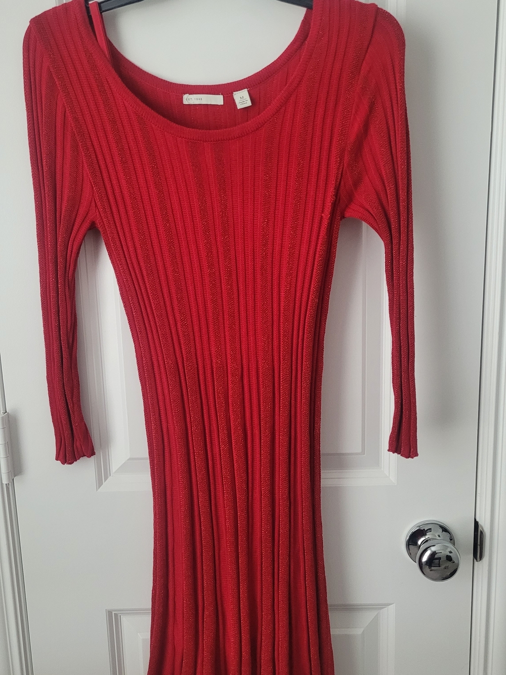 Red Ribbed Long-Sleeve Knit Dress